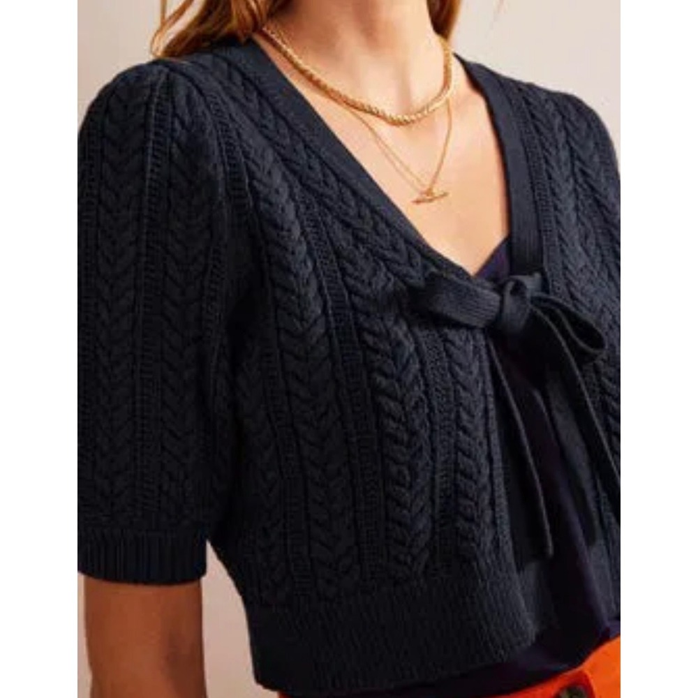 Boden Navy Blue Cable Knit Tie Front Cropped Cardigan Sweater Size M Cotton